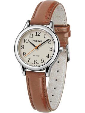 Women's Silver-Brown Leather Band Small Analog Arabic Numerals Quartz Watch